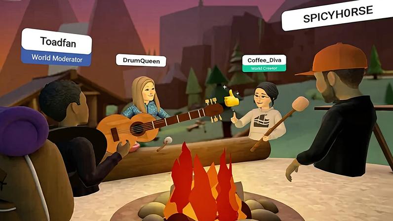 Some Horizon Worlds avatars hanging out around a virtual campfire.