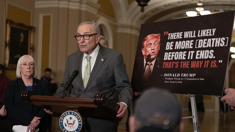Chuck Schumer speaks to reporters about the Democratic plan to force a Senatevote on a war powers resolution that would prevent Donald Trump from continuing the Iran conflict.