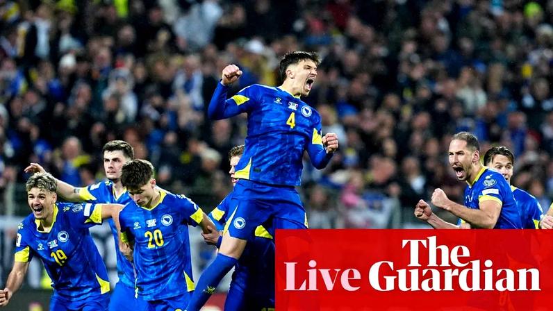 Bosnia and Herzegovina players celebrate as they qualify for the World Cup finals in a dramatic shootout victory over Italy.