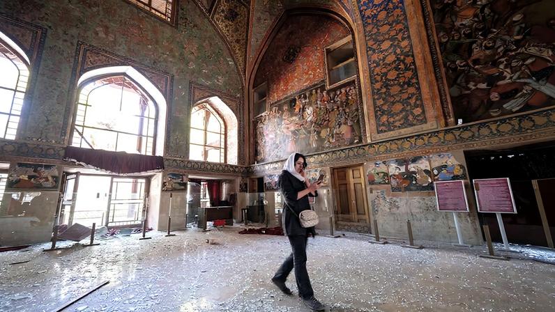 The Chetel Sotoun palace in the city of Isfahan, central Iran, was badly damaged during bombing on 11 March