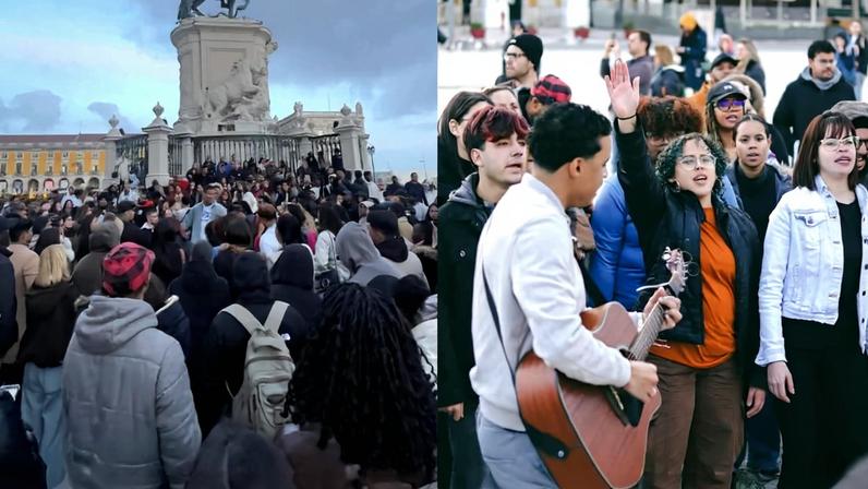 Um grupo de cristãos tem se reunido na Praça do Comércio, em Lisboa. (Foto: Reprodução/Instagram/Felipe Belo/Reprodução/Instagram/Aviva Lisbon Movement).