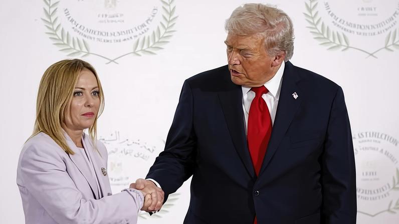 Italian prime minister Giorgia Meloni, seen on 13 October 2025 with Donald Trump at a world summit in Sharm el-Sheikh, Egypt.