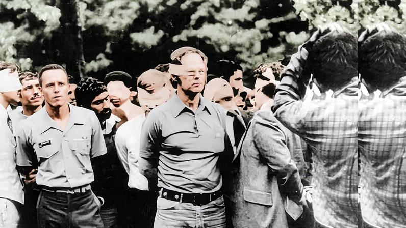 The first day of the occupation of the US embassy in Tehran, with American hostages being paraded by their Iranian captors, in November 1979.