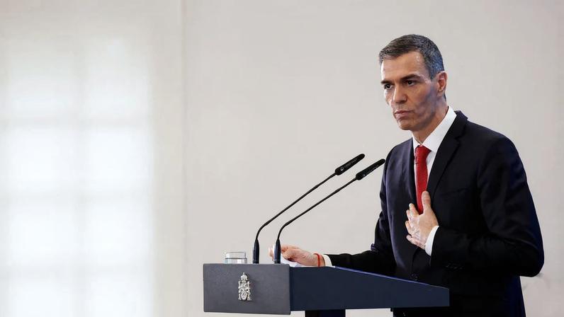 Spain's Prime Minister Pedro Sanchez gestures during a year-end balance news briefing at Moncloa Palace in Madrid
