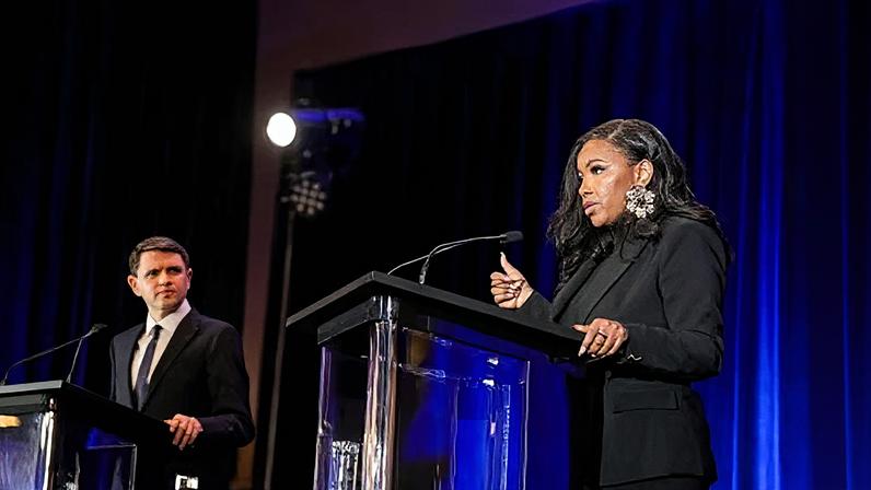 James Talarico and Jasmine Crockett, both Democrats from Texas and US Senate candidates, during a debate in Georgetown, Texas, on 24 January 2026.