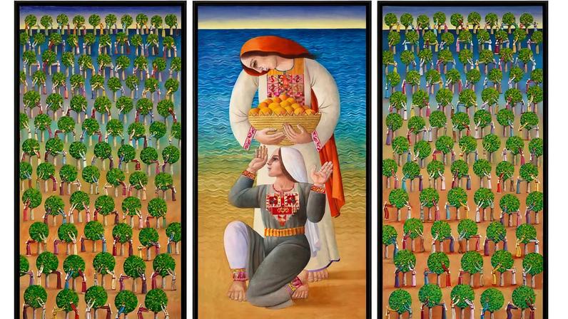 Untitled (2014) by Sliman Mansour, who often depicts traditional textiles in his paintings