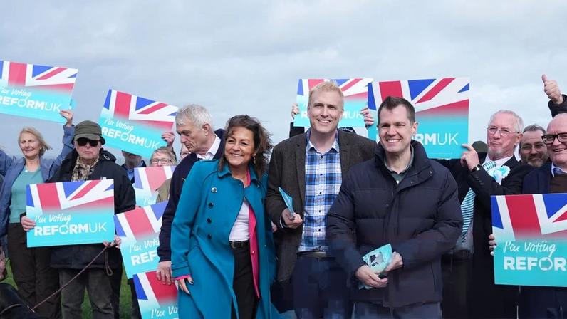 Robert Jenrick (right) of Reform UK in Broadstairs, Kent, with Marc Rattigan, the party’s candidate for the byelection in Cliftonville ward, and Linden Kemkaran, leader of Kent county council.
