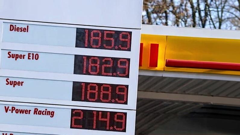 A petrol station digital board shows fuel prices in Hattingen, Germany.