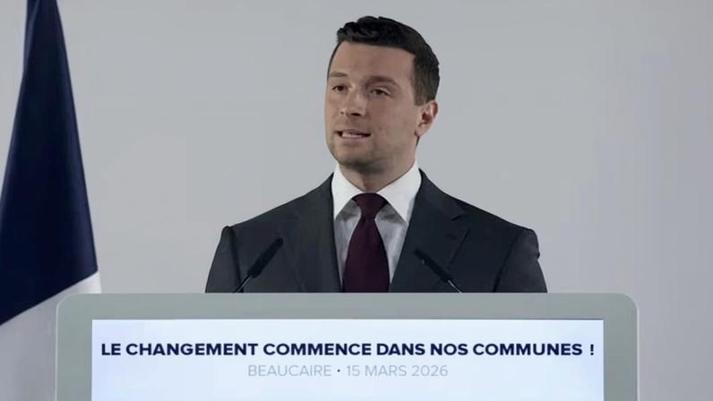 National Rally leader Jordan Bardella makes his speech after the preliminary results from the first round of the French municipal elections in Beaucaire.