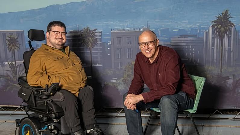 Hamish Thompson, disability advocate, and Jon Wardle, director, at the National Film and Television School.