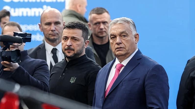 Ukraine's president Volodymyr Zelenskyy and Hungarian prime minister Viktor Orban attend the European Political Community Summit at the Puskás Arena, in Budapest, Hungary in 2024.