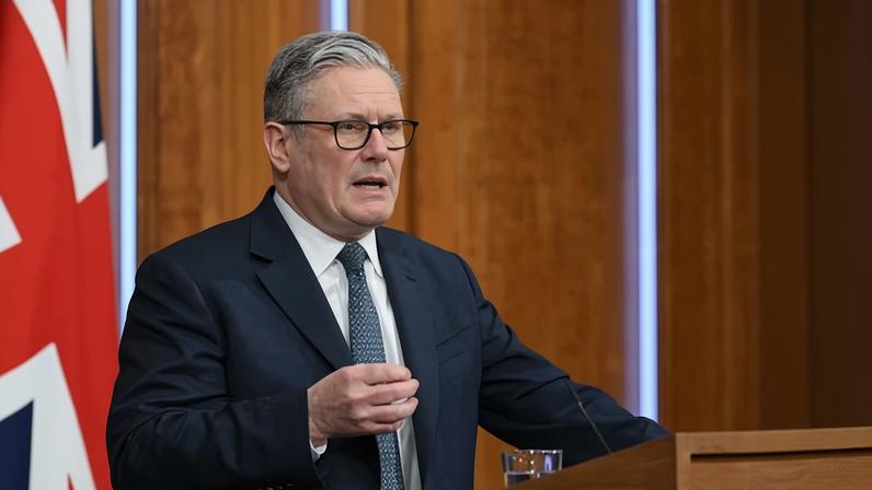 Keir Starmer speaking during a press conference in the Downing Street briefing room