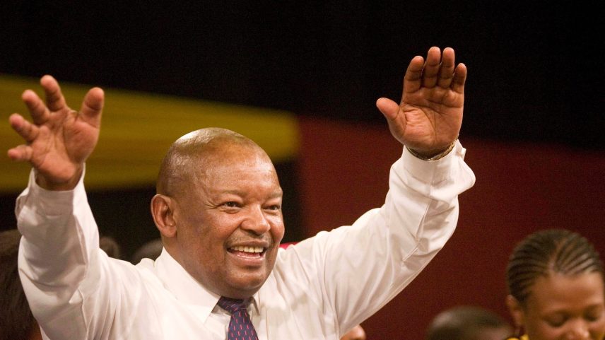 Former South African Defence Minister Mosiuoa Lekota waves to supporters after being elected leader of COPE in Bloemfontein