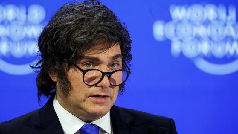 Argentina's President Javier Milei speaks during the 56th annual World Economic Forum (WEF) meeting in Davos, Switzerland, January 21, 2026. REUTERS/Denis Balibouse/File Photo