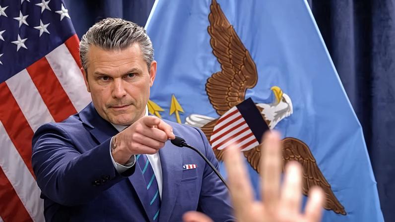 Pete Hegseth, the US defense secretary, speaks during a press conference at Centcom headquarters at MacDill air force Base in Tampa, Florida, on 5 March 2026.