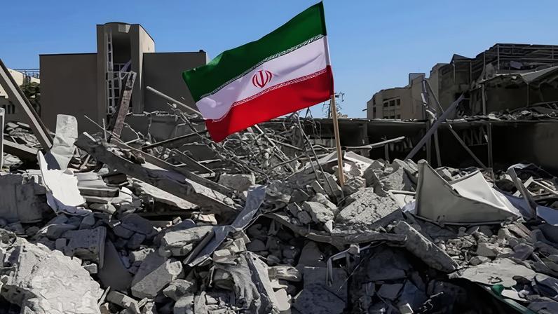An Iranian flag is placed among the ruins of a police station struck in Tehran, Iran, on 3 March.