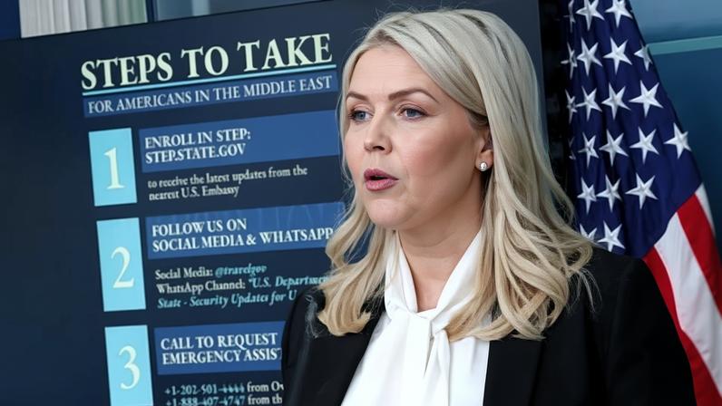 White House press secretary Karoline Leavitt displays steps for US citizens in the Middle East to take after US strikes on Iran on 4 March.