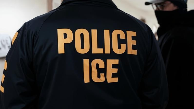 view of the back of a man wearing a jacket that reads 'police ice'