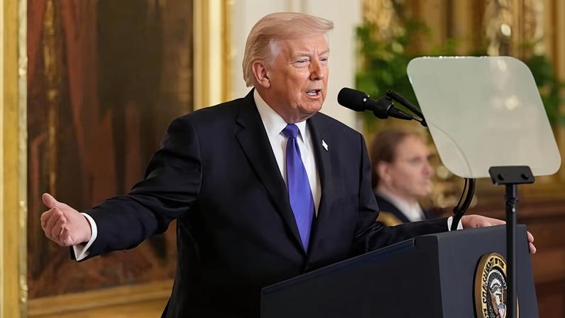 Trump talks to the press at the White House on Monday.
