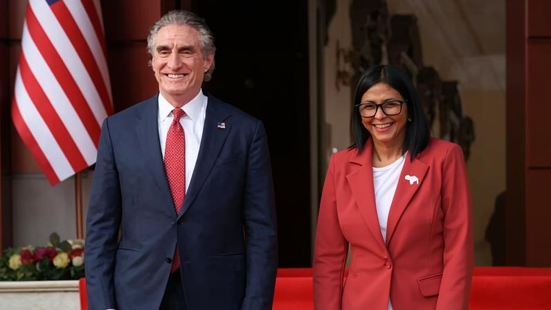 Venezuela's interim President Rodriguez meets US Interior Secretary Burgum at Miraflores Palace, in Caracas. The US and Venezuela are moving to restore diplomatic relations after Maduro's capture.