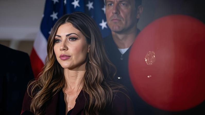 Kristi Noem looks at a press conference on 30 October 2025 in Gary, Indiana.