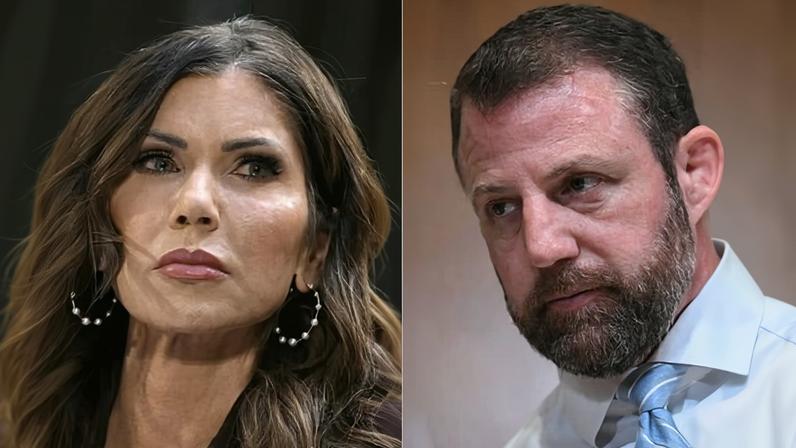 Former homeland security secretary Kristi Noem and her replacement Markwayne Mullin.