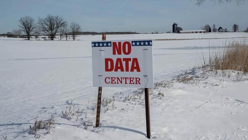A sign placed by opponents of a new datacenter in Saline Township, Michigan, on 8 December 2025.