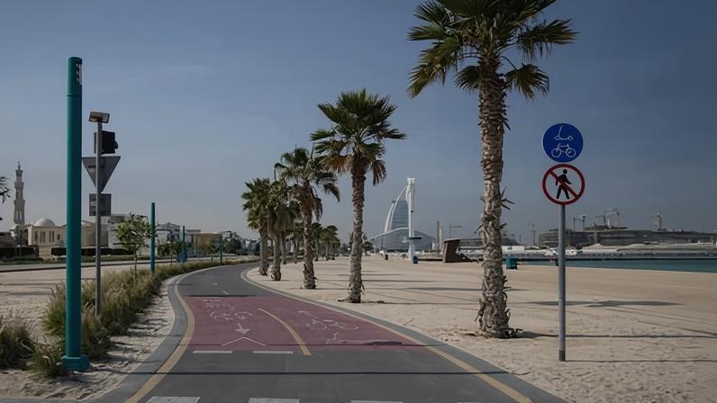 A public beach lies deserted in Dubai.