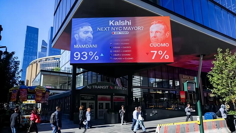 A Kalshi billboard displaying New York City mayoral election odds in New York on 27 October 2025.