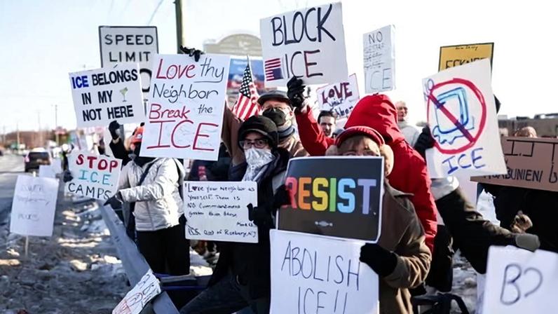 People protest against the planned project of converting a warehouse into an ICE detention center in Roxbury, New Jersey, on 16 February 2026.
