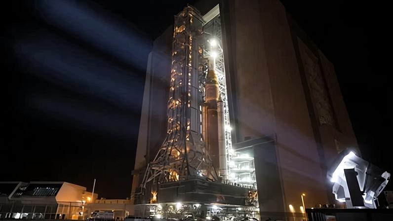 Nasa’s Space Launch System rocket and Orion spacecraft rolls out of the Vehicle Assembly Building at the Kennedy Space Center on 20 March 2026.