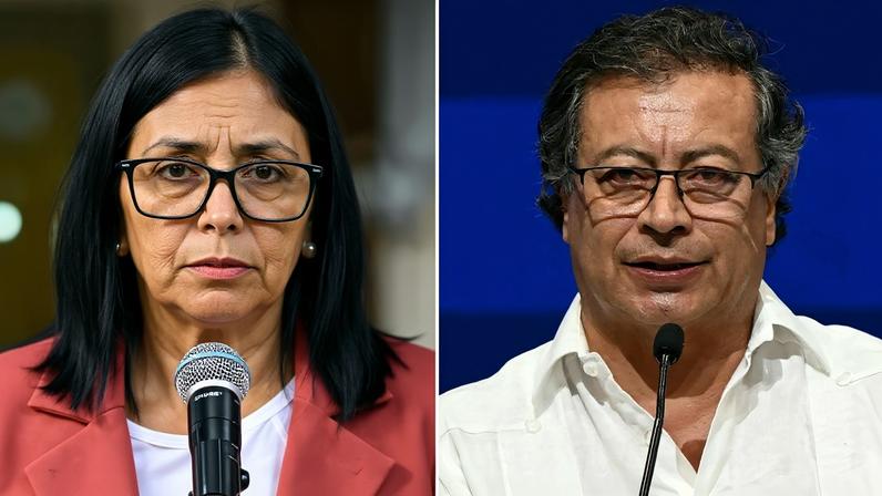A presidenta da Venezuela, Delcy Rodríguez, e o presidente da Colômbia, Gustavo Petro. Fotos: Federico Parra e Joaquín Sarmiento/AFP