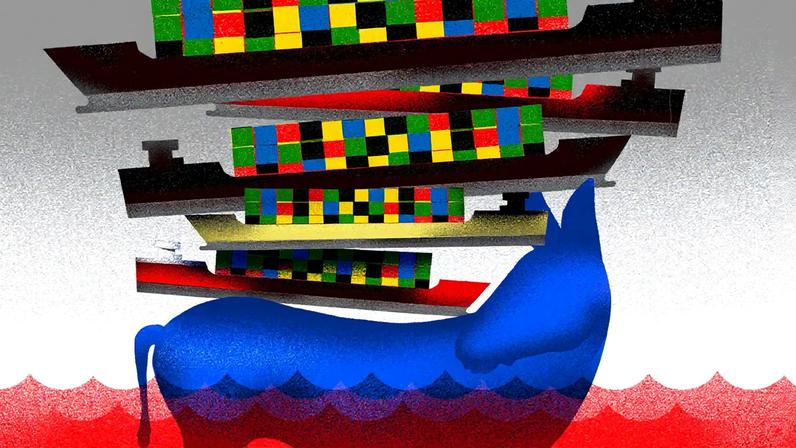 An illustration shows a blue donkey holding an abundance of container ships on its back.