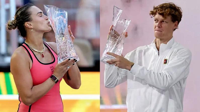 Aryna Sabalenka e Jannik Sinner com os troféus do Miami Open 2026 - Masters 1000 (Foto: Matthew Stockman/Getty Images via AFP)