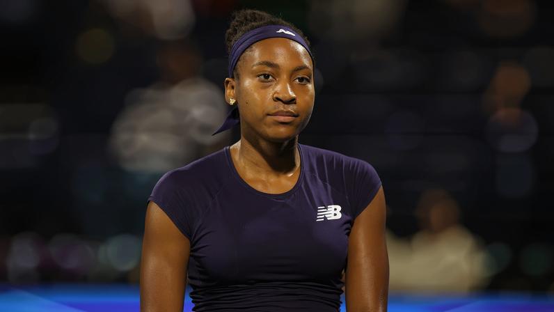 Tennis - WTA 1000 - Dubai Championships - Dubai Tennis Stadium, Dubai, United Arab Emirates - February 20, 2026 Coco Gauff of the U.S. reacts during her semi final match against Ukraine's Elina Svitolina REUTERS/Raghed Waked