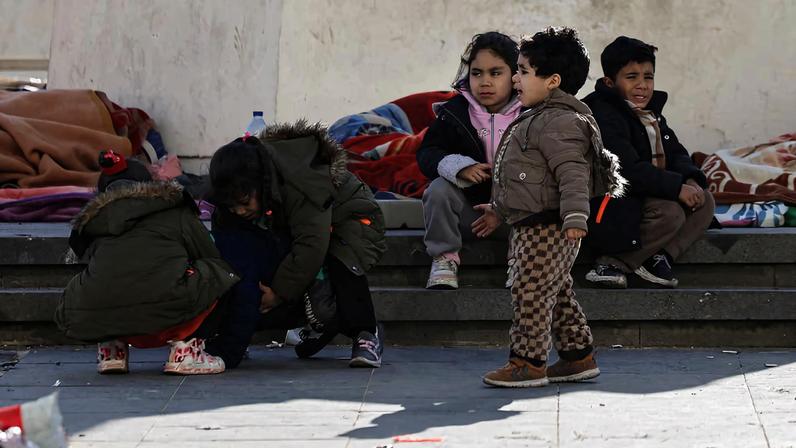 Children displaced from the southern suburbs of Beirut after the Israeli army's warning prompted residents to evacuate, following an escalation between Hezbollah and Israel amid the U.S.-Israeli conflict with Iran, rest at Martyrs' Square in Beirut, Lebanon, March 6, 2026.