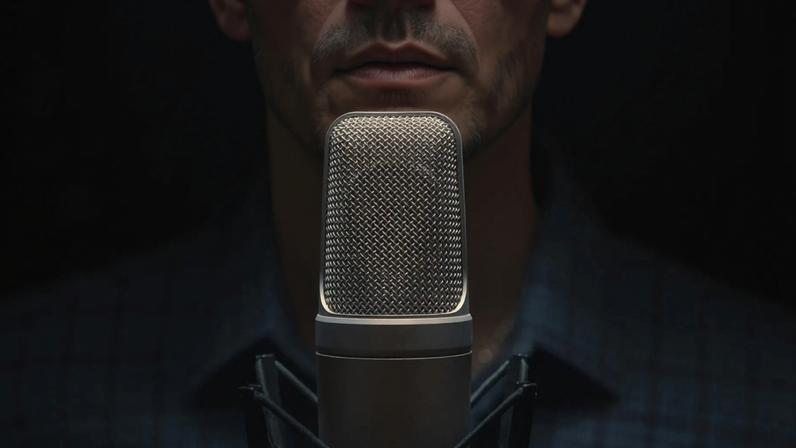 A blurred photo of a man behind a microphone