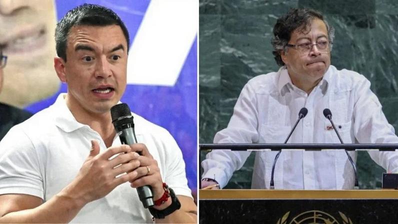 Daniel Noboa, presidente do Equador, e Gustavo Petro, presidente da Colômbia. Fotos: Marcos Pin e Leonardo Munoz/AFP