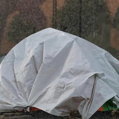 Refugiados libaneses buscam abrigo sob abrigos improvisados na chuva