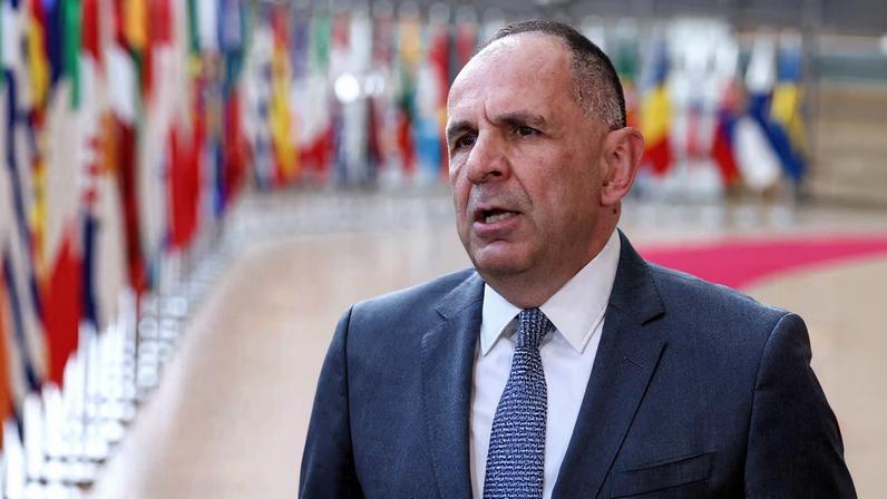 Greek Foreign Minister George Gerapetritis speaks to members of the media as he arrives to attend a European Union Energy and Foreign Affairs ministers meeting in Brussels, Belgium, March 16, 2026.