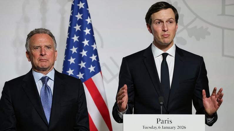 U.S. special envoy Steve Witkoff and Jared Kushner speak at a press conference.