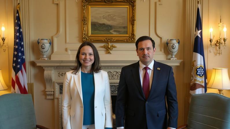 María Corina Machado y Marco Rubio, en el Departamento de Estado, en Washington, este martes.