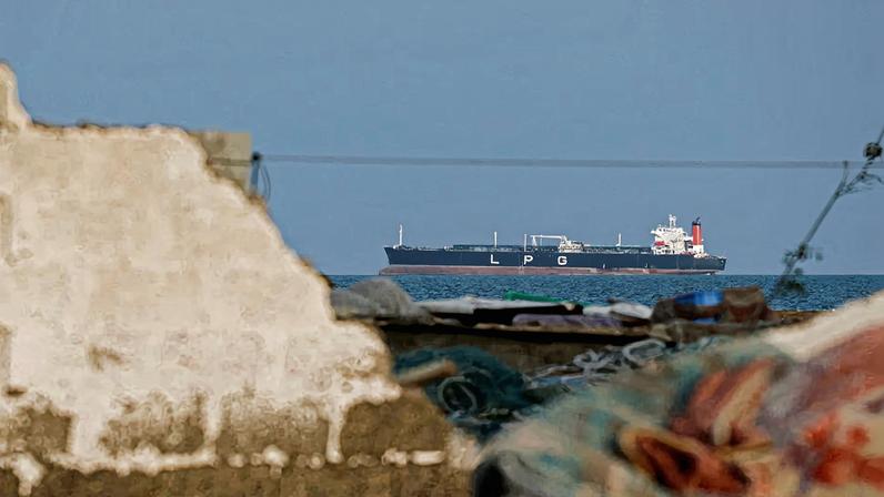 An LPG gas tanker at anchor as traffic is down in the Strait of Hormuz, in Shinas