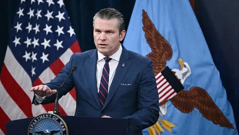 U.S. Defense Secretary Pete Hegseth speaks during a press conference on U.S. military action in Iran, seen at the Pentagon in Washington on March 2. Brendan Smialowski/AFP via Getty Images