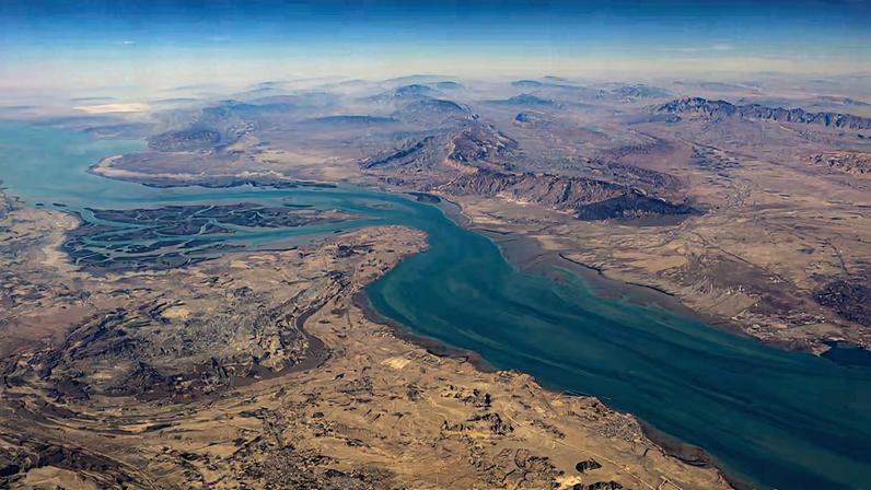 An aerial view of the island of Qeshm, separated from the Iranian mainland by the Clarence Strait