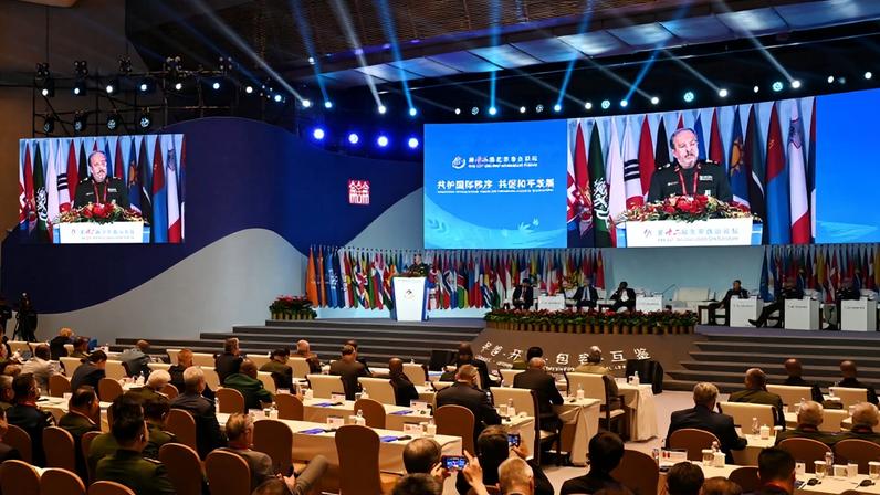 Iranian Deputy Defense Minister Majid Ebnoreza speaks during a plenary session of the Xiangshan Forum in Beijing on Sept. 19, 2025.