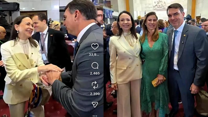 Direita se une: Flávio Bolsonaro firma aliança com Maria Corína Machado no Chile