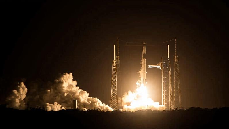 A SpaceX Falcon 9 rocket carrying the company's Dragon spacecraft is launched on NASA’s SpaceX Crew-12 mission to the International Space Station.