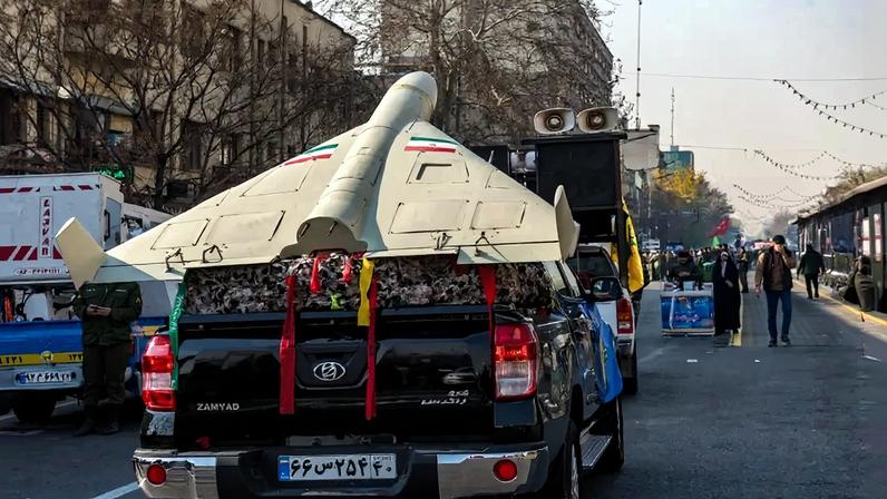A pickup truck carries an Iranian-made Shahed 136 drone during a parade of paramilitary Basij and Islamic Revolutionary Guard Corps forces in Tehran on Jan. 10, 2025.