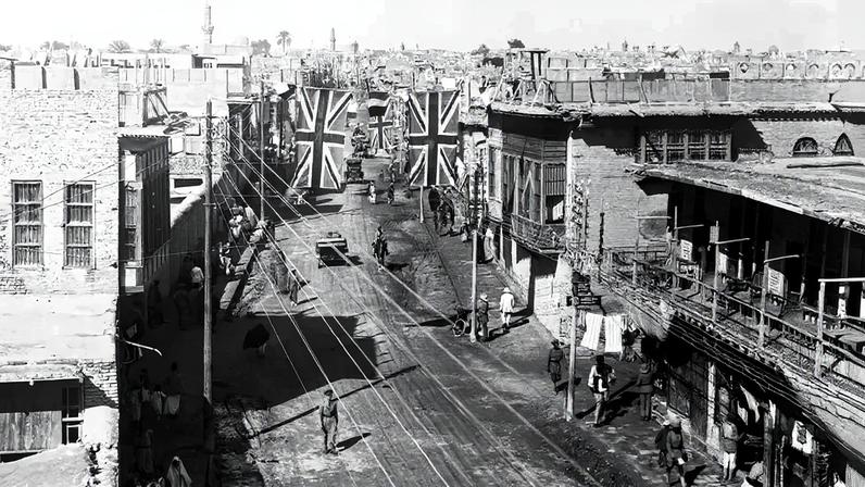 British flags hang above New Street in Baghdad on Sept. 2 during the Iraqi Revolt of 1920.